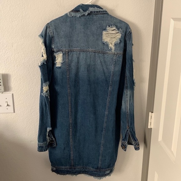 Love, Fire Long Distressed Ripped Denim Jean Jacket - Picture 4 of 16